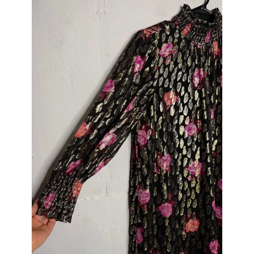 Kate Spade rose garden Smocked Shift Dress Womens Small Black Gold Silk